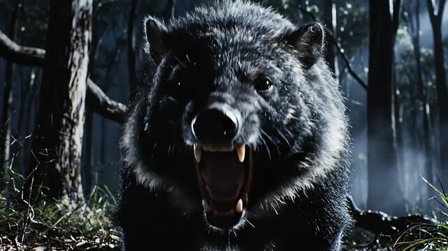 Fierce Black Wolf Growling in Dark Forest.