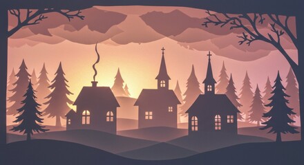 Serene Paper Cut Village at Sunset