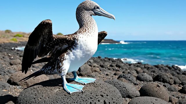 Blue-footed Booby Bird on Rocky Shoreline with Ocean Background.