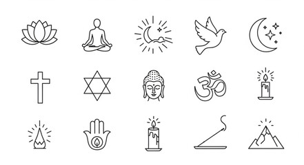 Collection of spiritual and religious symbols in line art style. © Fajar