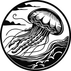 Vector jellyfish illustration in black and white circular frame © NURSABAISLAM