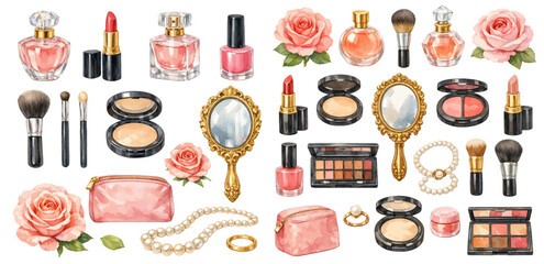 A charming watercolor collection of feminine beauty clipart, including cosmetic palettes, nail polish, perfume flacons, hand mirrors, roses, and elegant accessories. © liana