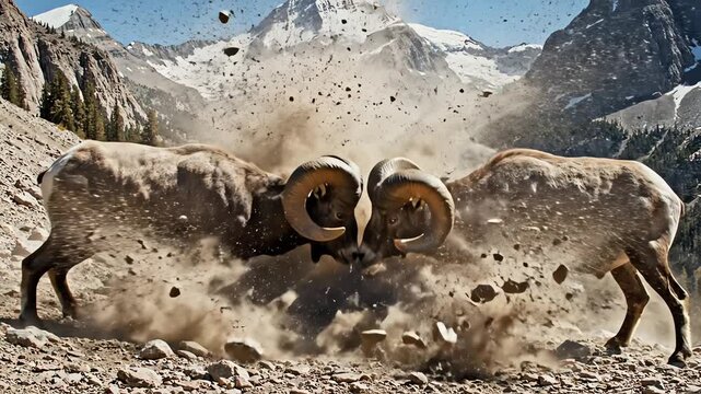 Two Bighorn Sheep Rams Clash Heads in Mountain Landscape.