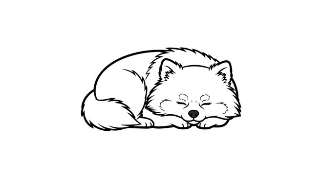 Cute Sleeping Fox Illustration, Kawaii Style, Black and White Line Art
