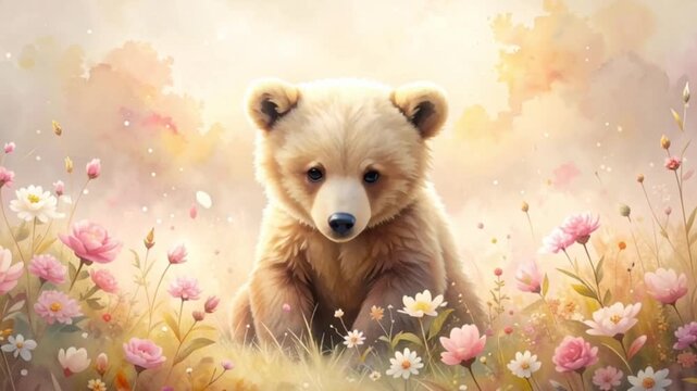 Baby-B&auml;r im zarten Bl&uuml;tennebel