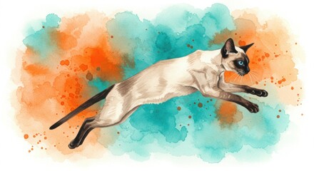 Leaping Siamese Cat Watercolor Painting - Vibrant Teal and Orange Background