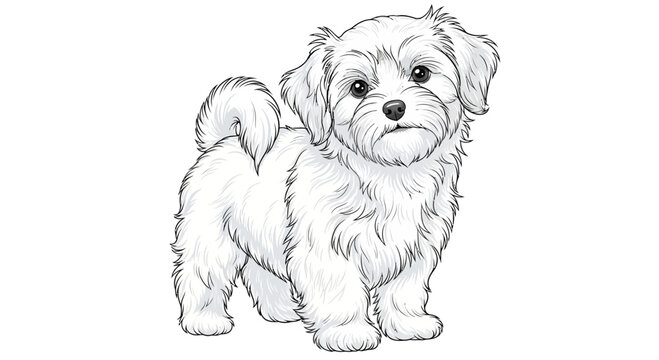 Adorable Maltese puppy drawing, pure white fluffy dog, cute pet illustration, isolated on white background.