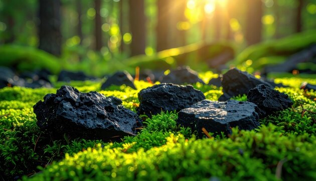 Dark Lava Rock Fragments on Vibrant Green Moss Representing Resilience and Growth After Chal
