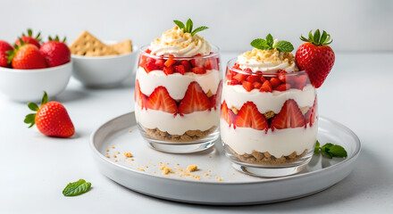 Strawberry Cream Cheese Parfaits in Glass with Whipped Cream, Fresh Berries, and Graham Cracker Crust