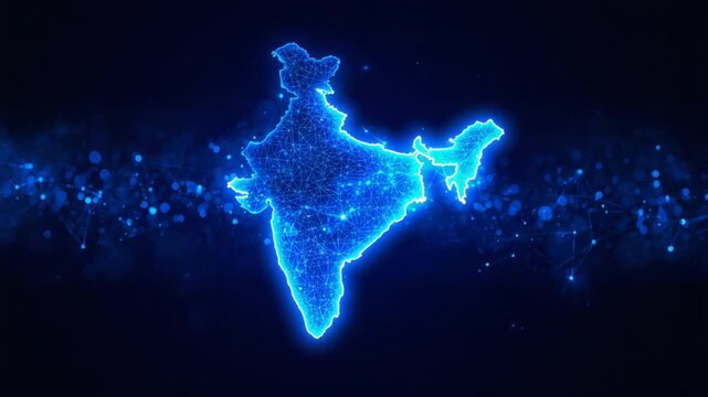 Digital representation of India's map formed by glowing blue interconnected lines and nodes network
