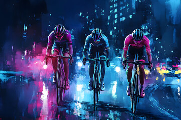 Nighttime Cycling Race with Glowing Lights and Dynamic City Backdrop  