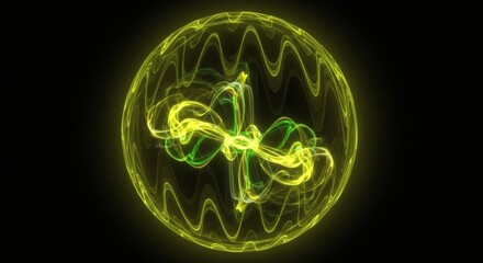 Abstract Yellow Green Neon Glowing Energy Orb with Glassy Plasma Swirl on Black Background