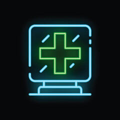 Obraz premium Neon green cross glowing on a monitor screen with black background, perfect for medical and healthcare related designs