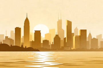 Obraz premium City skyline at sunset with water reflection