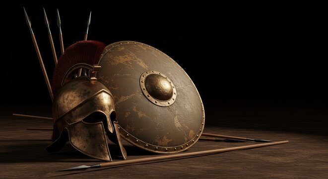 A bronze hoplite helmet rests beside a sturdy wooden shield and several long spear shafts, ready for an ancient battle confrontation ,metal ,preparation ,greek