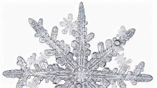 Intricate, detailed close-up of a single snowflake against a stark white background, showcasing its crystalline structure and delicate, branching patterns