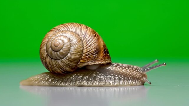 Snail on reflective green background.