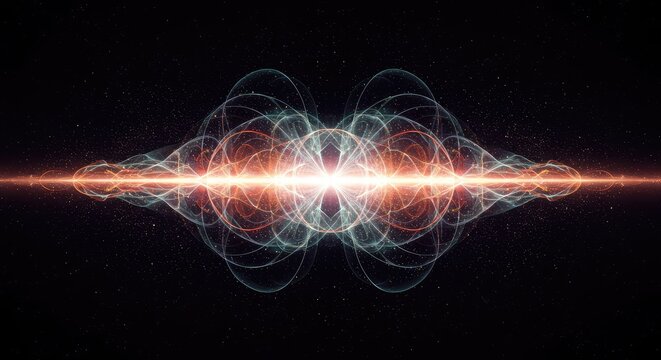 A complex visualization of cosmic energy flow illustrating overlapping wave fields generating constructive and destructive resonance patterns in deep space ,ripple ,wave ,glow