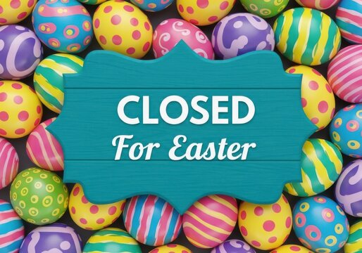 A closed for easter sign on a background of colorful easter eggs on a white background