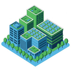 Fototapeta premium Isometric illustration of modern eco-friendly office buildings with green roofs and trees.