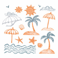 Obraz premium Beach scene illustration featuring palm trees, umbrellas, and seashells from an aerial viewpoint