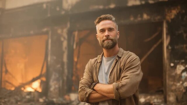 Resilient Amidst the Ruins: A determined figure stands steadfastly amidst the aftermath of a devastating fire, their resilience a beacon of hope against the backdrop of destruction.