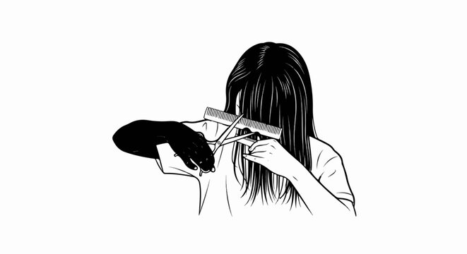 Person cutting their own hair with scissors and comb