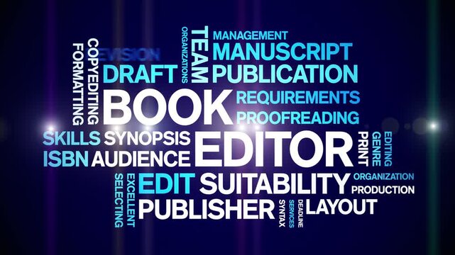 Book Editor animated word cloud-text design animation tag kinetic typography seamless loop.