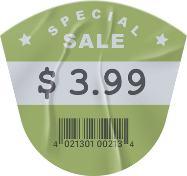 A vibrant green and white sale tag displays a price of 3 99 accompanied by a barcode and star shaped special sale banner high quality professional