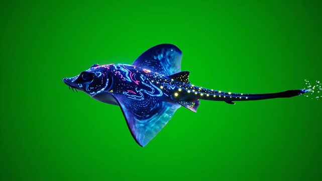 Vibrant blue stingray swimming underwater ocean.