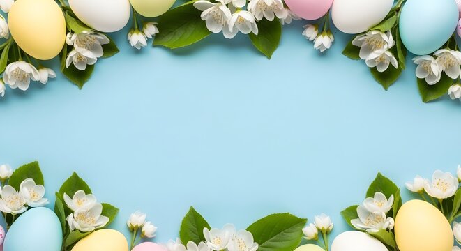 Easter egg border with flowers and leaves on light blue background