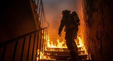 Fototapeta premium Firefighter climbing burning stairs in a smoky building during an emergency