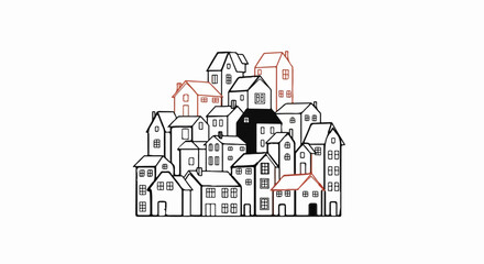 Obraz premium A cluster of simple, hand-drawn houses in black and red on a white background