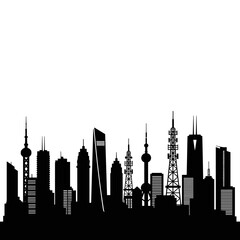 Obraz premium Black and white silhouette of a modern city skyline with tall buildings.