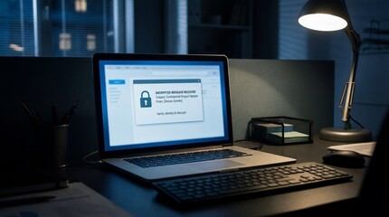 Close up of encrypted email security notification on laptop screen in a dark office setting, highlighting dim lighting and technology