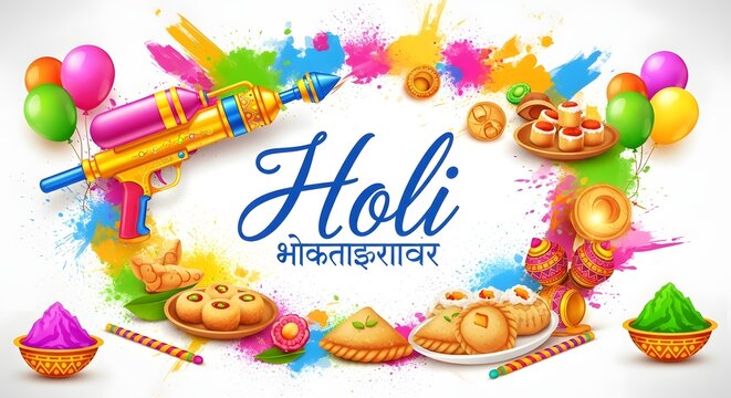 Vibrant happy holi festival celebration background with colorful elements