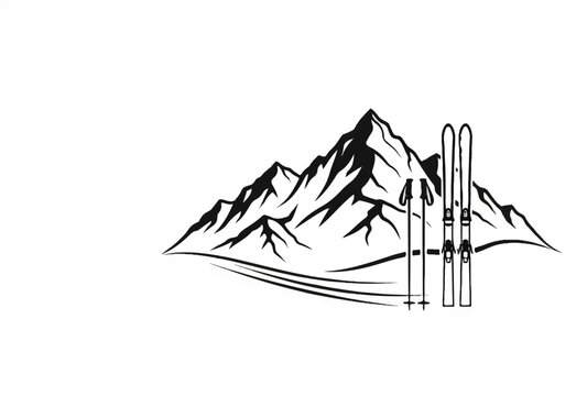 Stylized black and white mountain range with skis and poles