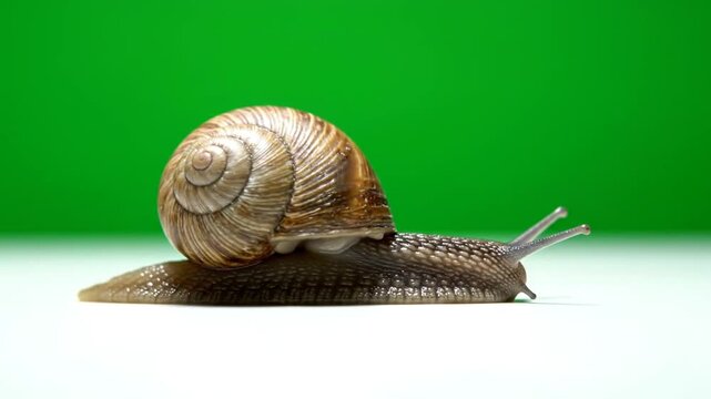 Snail on white surface green background.