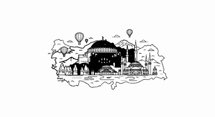 Naklejka premium Stylized outline of a country's map featuring iconic architecture and hot air balloons