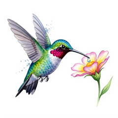 Obraz premium Vibrant Hummingbird Feeding on Flower with Nectar Drop, Watercolor Illustration