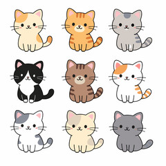 Fototapeta premium Nine cute cats sitting in a grid, each with different fur patterns and colors. Minimal kawaii style with bold outlines and soft pastel tones, flat vector illustration isolated on white.