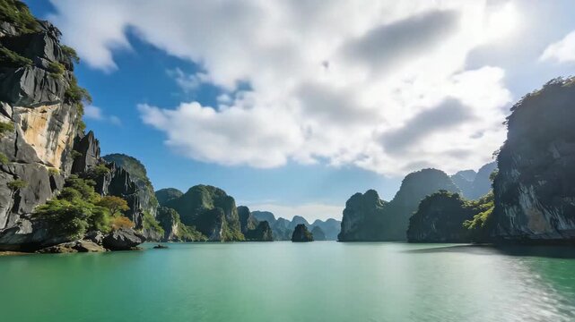 halong bay limestone karsts under blue sky vietnam timelapse video