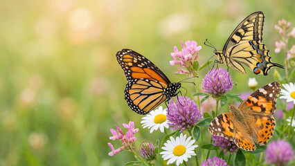Obraz premium Colorful butterflies resting on blooming flowers in a sunny meadow 