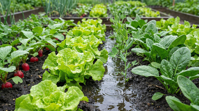 Fresh vegetables growing in a garden bed during light rain. Featuring spring rain nourishing a thriving vegetable garden    