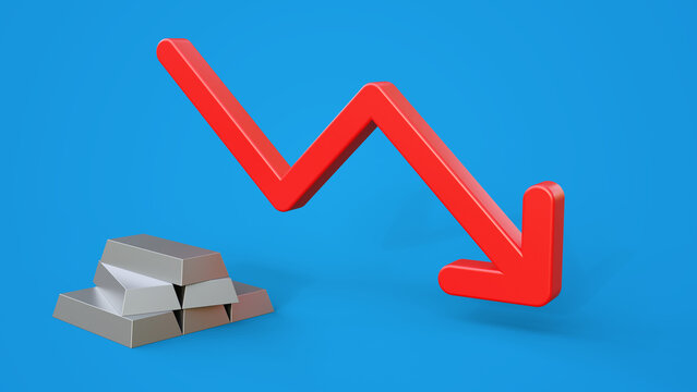 Silver bars and red arrow pointing down. Concept of silver price is decreasing due. Silver bars and red arrow on a blue background with space for text.