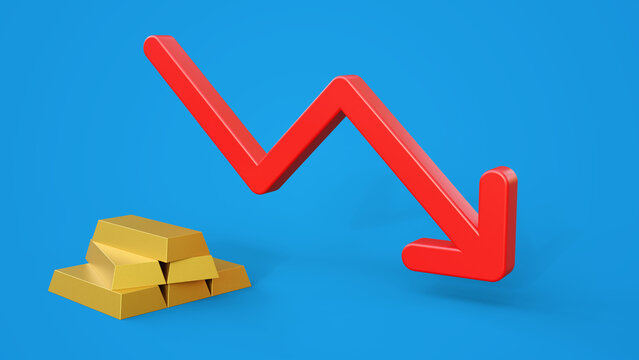 Gold bars and red arrow pointing down. Concept of gold price is decreasing due. Gold bars and red arrow on a blue background with space for text.