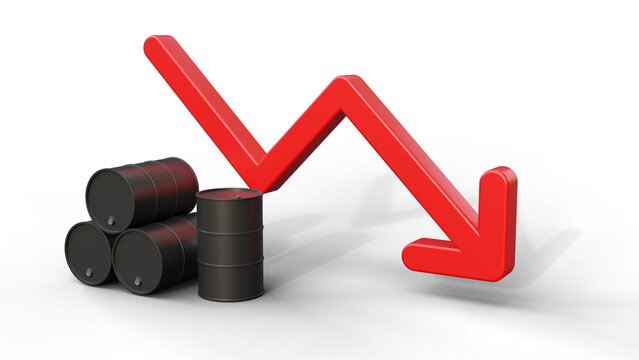 Oil barrels and red arrow pointing down. Concept of oil price is decreasing due. Oil barrels and red arrow on a isolated background with space for text.