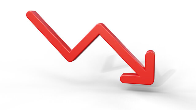 Red arrow pointing down. Concept of price is decreasing due. Red arrow on a isolated background with space for text.