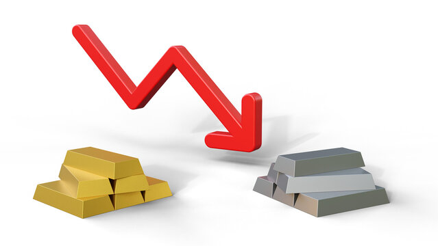Gold and silver bars with red arrow pointing down. Concept of gold and silver price is decreasing due. Gold with silver ingots and red arrow on a isolated background with space for text.