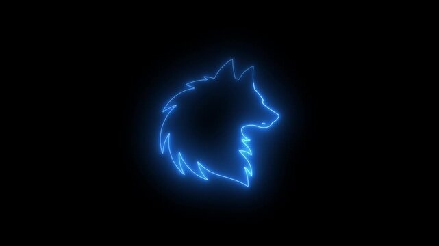 Blue neon wolf head outline on black background Keywords: wolf, head, outline, neon, blue, glowing, silhouette, animal, predator, wild, canine, digital art, illustration, graphic, symbol, emblem